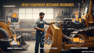Heavy equipment mechanic inspecting construction machinery with insurance protection concept